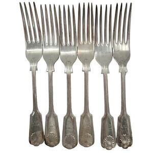 Sheffield England Antique Silver Plate Fiddle Thread and Shell 6 Dinner Fork 2-2